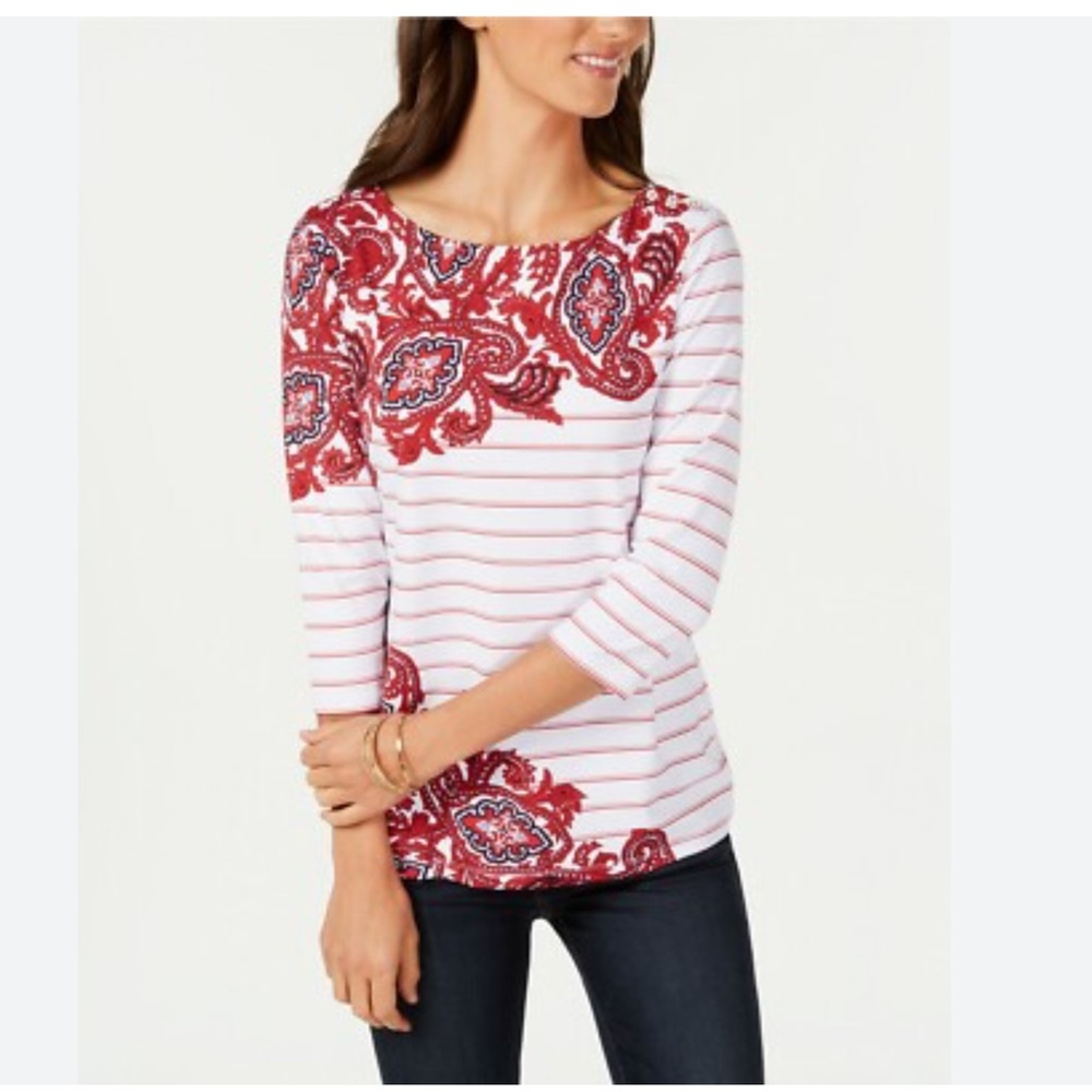 Charter Club Petite XL Boatneck 3/4 Sleeve Top Red White Stripe Paisley NWT - Picture 2 of 12